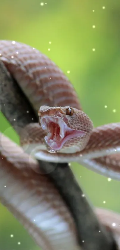 A snake coiled on a branch with an open mouth against a green background.