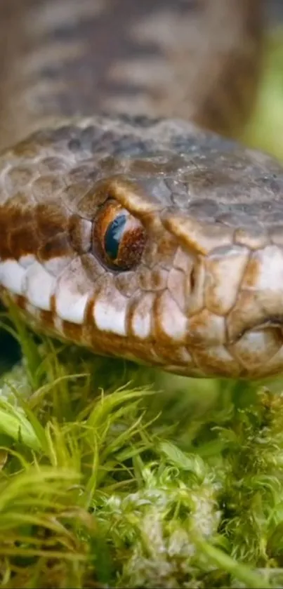 Detailed close-up of a snake on green moss.