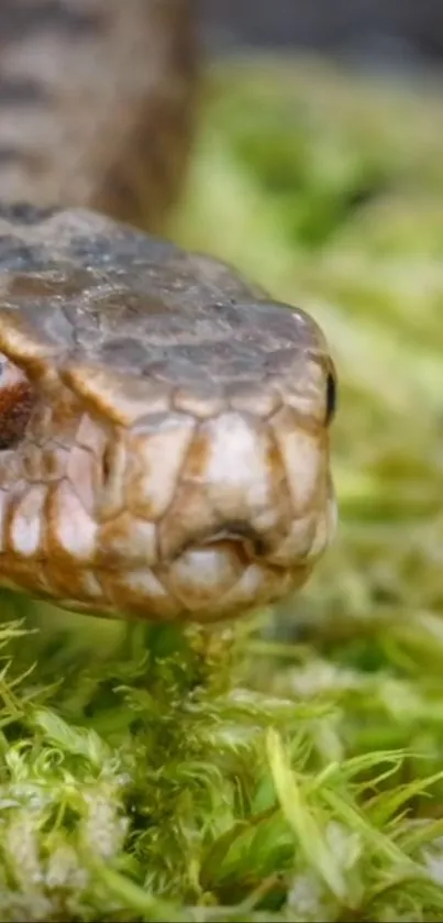 Close-up of a snake in a natural mossy environment.