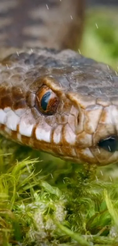 Close-up of a snake on green moss with a focused gaze.