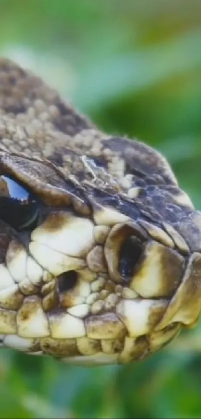 Close-up view of a snake's head with textured scales and brown coloration.