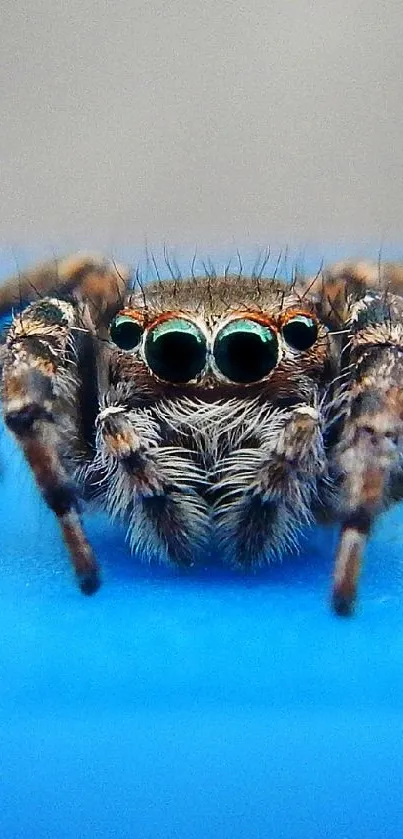 Close-up image of a spider against a blue background for mobile wallpaper.