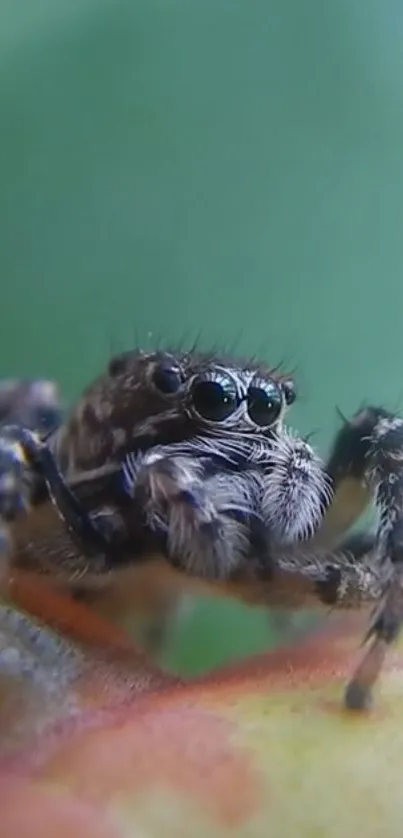 Close-up image of a jumping spider on a leaf with vibrant colors.