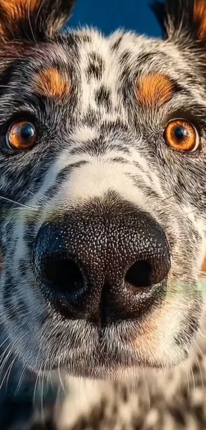 Close-up of a spotted dog with orange eyes.