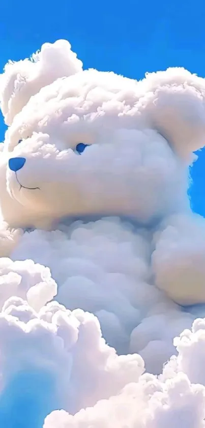 Fluffy cloud bear set against a vivid blue sky.