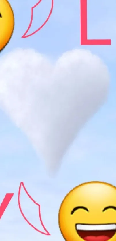 Wallpaper with a heart-shaped cloud, emojis, and red text on a blue sky.