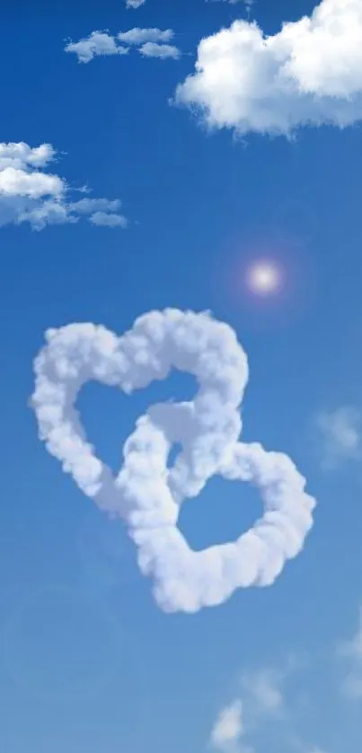Two heart-shaped clouds against a blue sky.