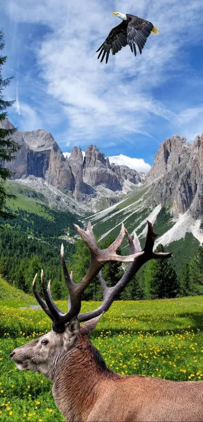 Majestic deer in a vibrant mountain meadow with soaring eagle.