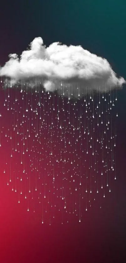 Cloud with raindrops on dark teal and red gradient wallpaper.