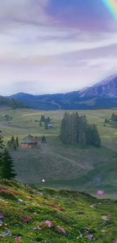 Scenic mountain landscape with rainbow.