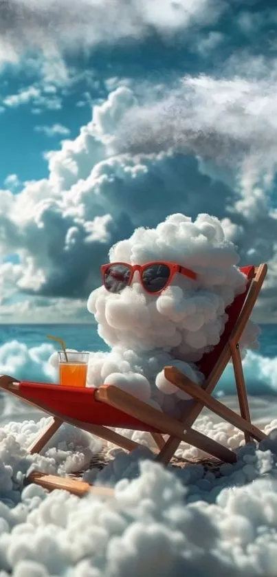 Cloud figure relaxing on a sandy beach with sunglasses and a drink.