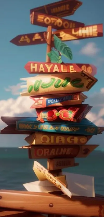 Colorful tropical signpost with ocean backdrop.