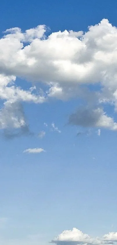 Fluffy white clouds against a clear blue sky mobile wallpaper.