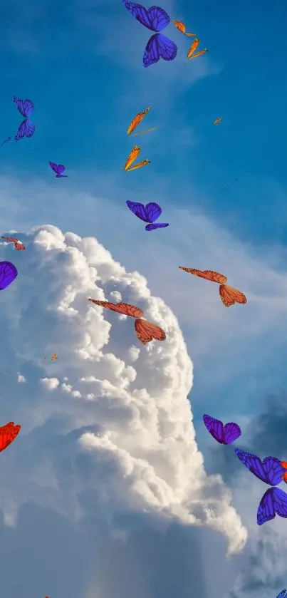 Vibrant butterflies fly over white clouds in a bright blue sky.