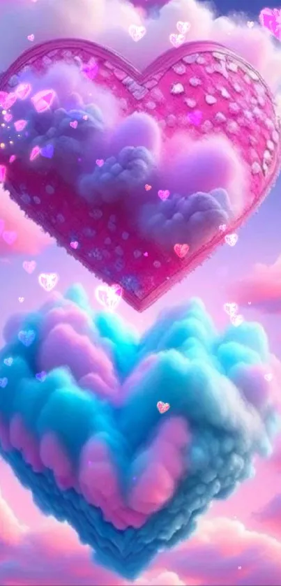 Dreamy hearts float in colorful clouds.