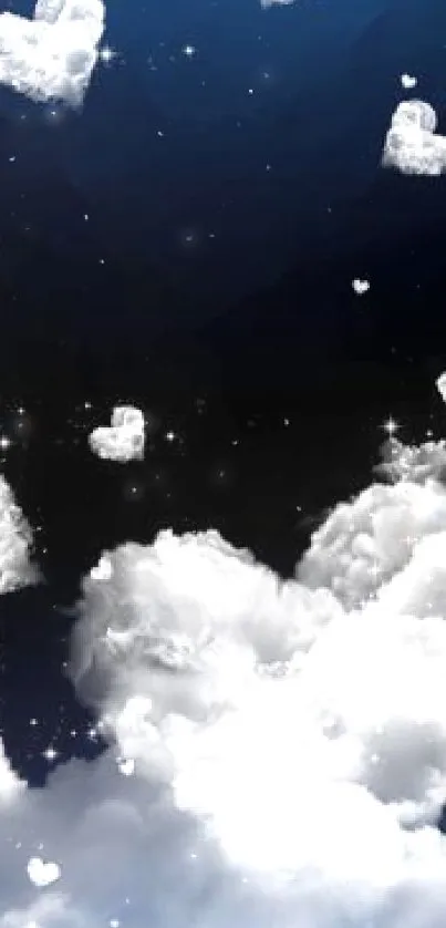 White heart-shaped clouds on dark blue sky.