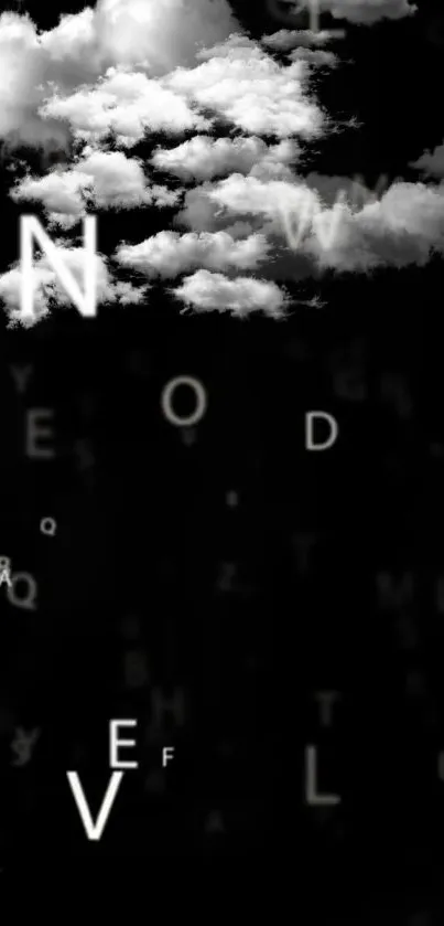 Mobile wallpaper with clouds and letters on black background.