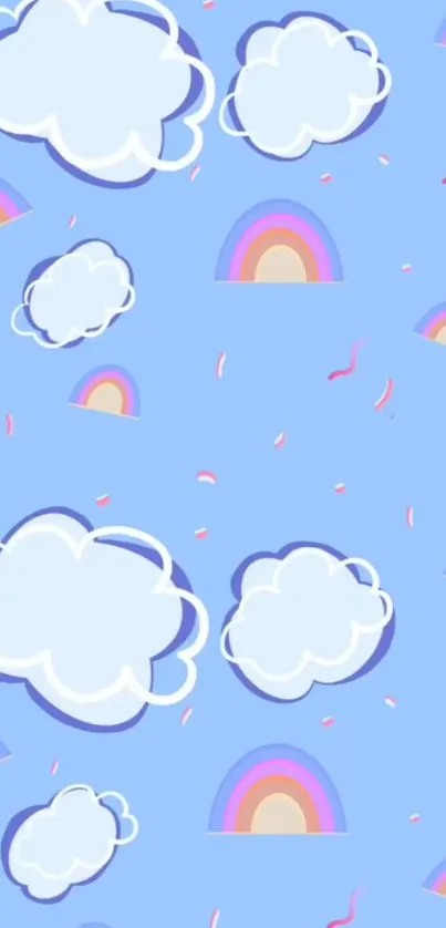 Whimsical clouds and rainbows on blue sky wallpaper.