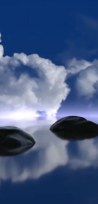 Serene clouds and dark rocks on reflective water.