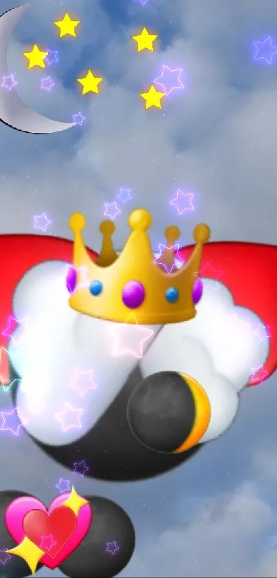 Whimsical cloudy sky wallpaper with a crown and heart design.