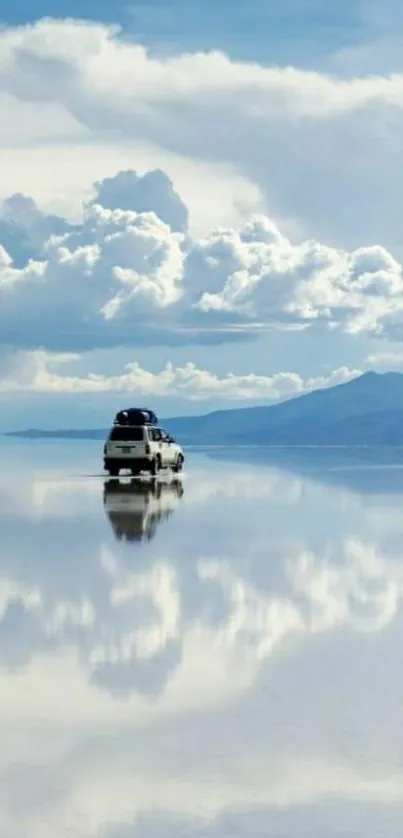 Van traveling on reflective water with a cloudy sky backdrop.