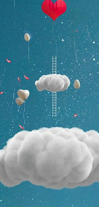 Heart balloons rising through clouds in a blue sky.