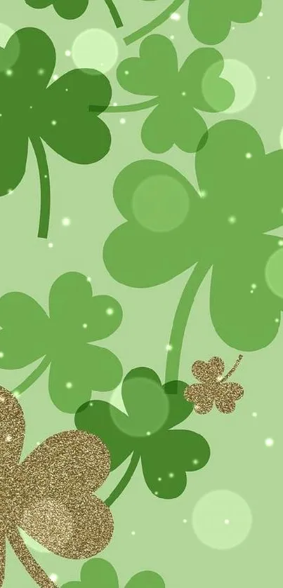 Mobile wallpaper with clover pattern in green and gold on a light green background.