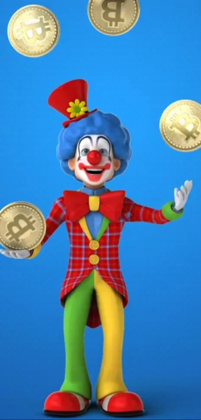 Clown juggling Bitcoin coins on blue background.