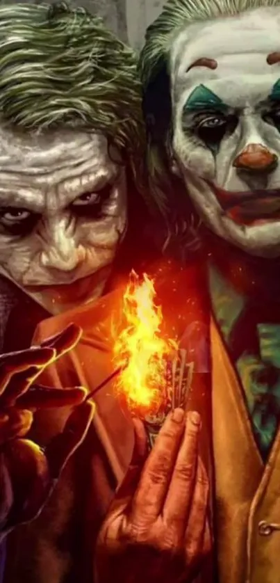 Two clowns with a fiery scene in detailed artistic style.