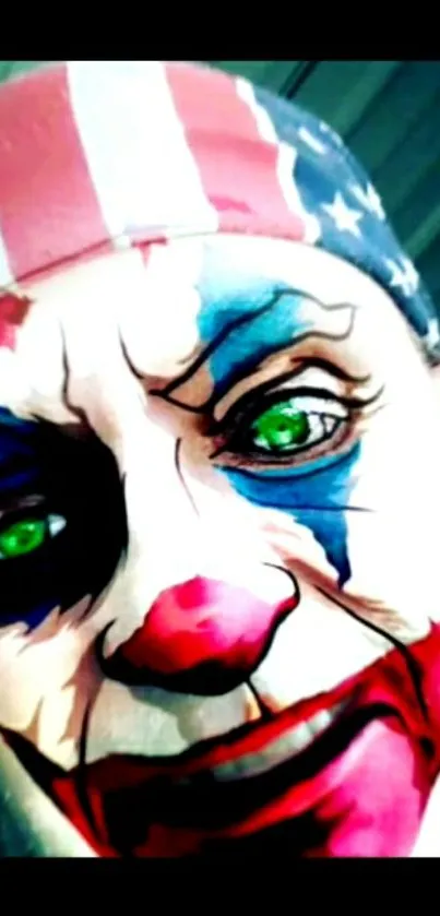 Colorful clown face art with vivid green eyes.