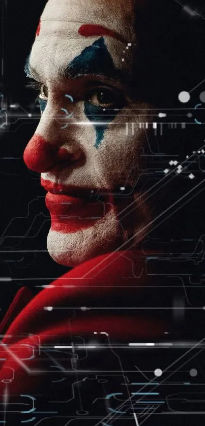 Futuristic clown art wallpaper with digital elements.