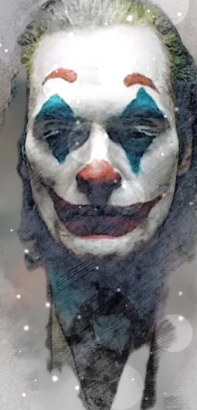 Abstract clown face with red and blue paint on a mobile wallpaper.