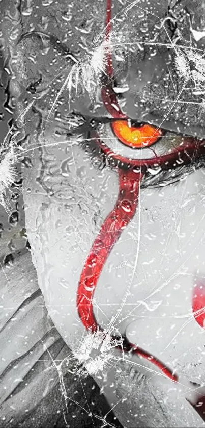 Creepy clown face with orange eyes and red streaks on shattered glass background.