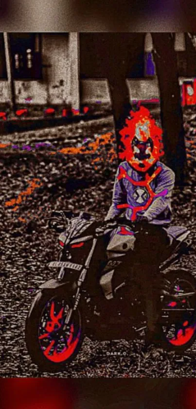 Clown sitting on a motorbike in vibrant colors, creating a bold visual statement.