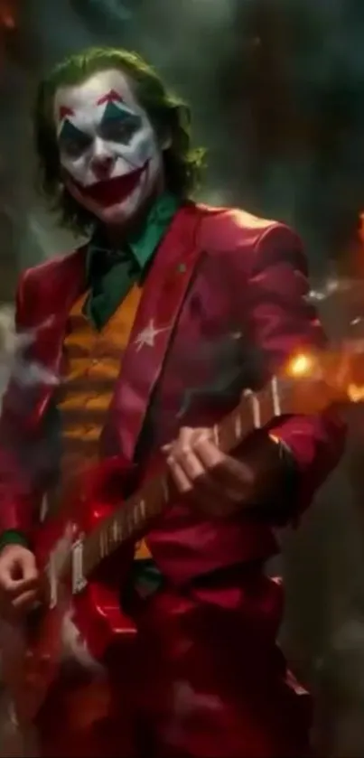 Clown in red suit playing electric guitar with flames.