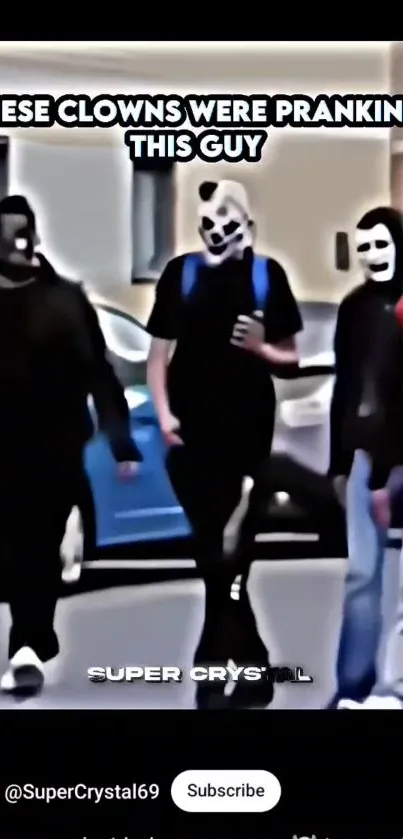 Masked clowns walking in a colorful street prank scene.