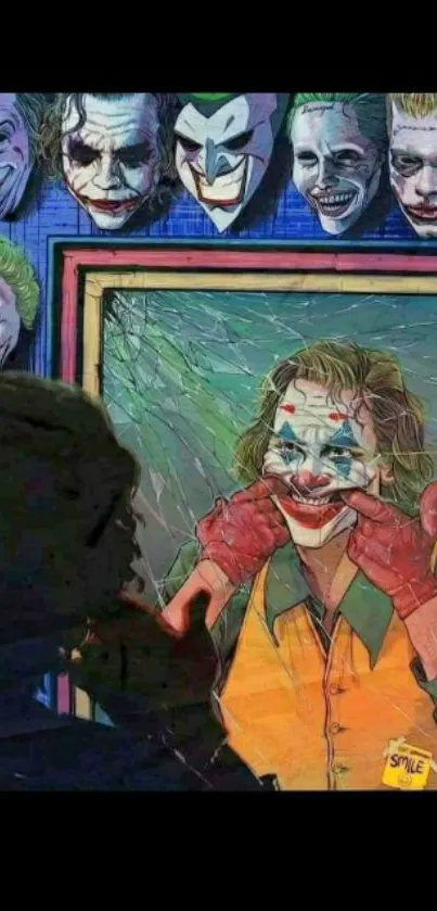 Clown adjusting smile in a cracked mirror with colorful masks above.