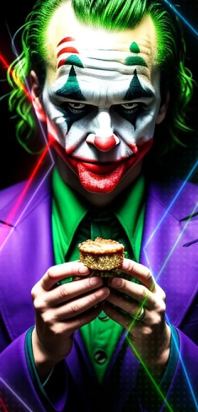 Clown villain with colorful makeup and a purple suit holding a cupcake.