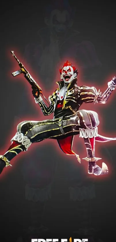 Clown warrior from game in vibrant costume, striking pose.