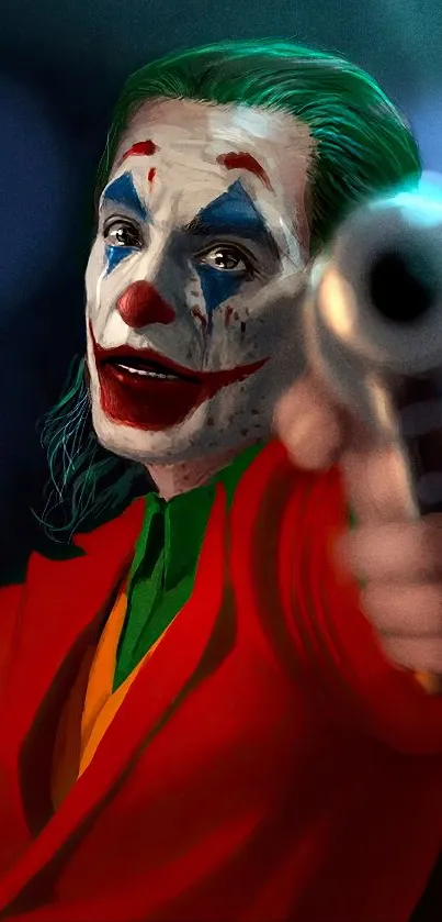 Vibrant clown pointing gun, art wallpaper.