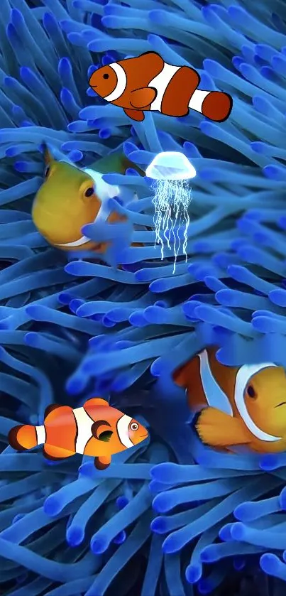 Clownfish swimming among blue sea anemones with a jellyfish.