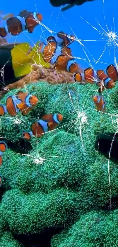 Clownfish swim among corals with cracked screen effect.