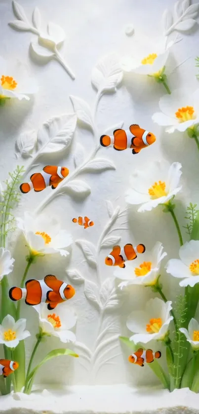 Clownfish swim among white flowers on a serene background.