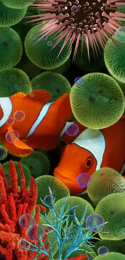 Bright clownfish swimming in lush green corals with vibrant underwater life.