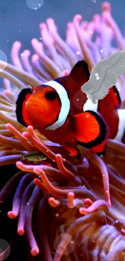 Vibrant clownfish with wings on anemone in ocean fantasy wallpaper.