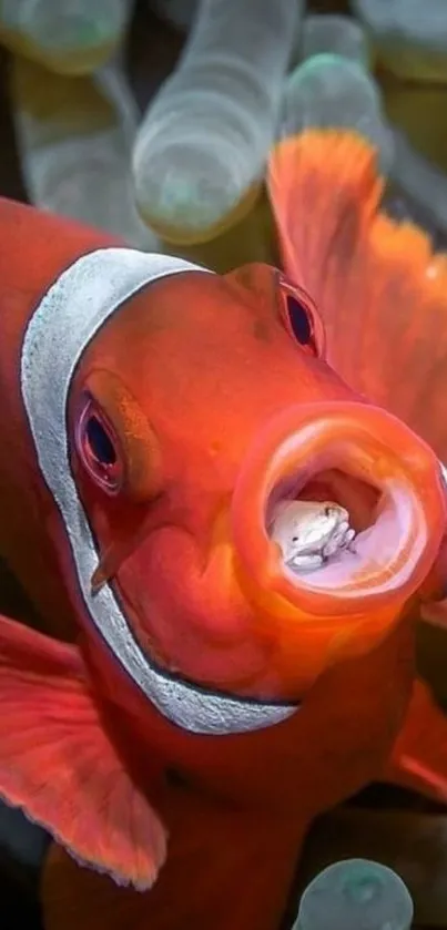 Close-up of a clownfish in vibrant corals.