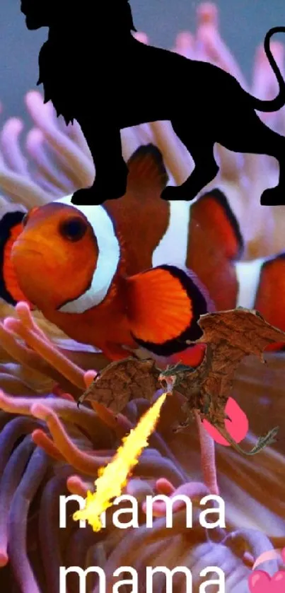 Clownfish swimming among pink corals with a lion silhouette above.