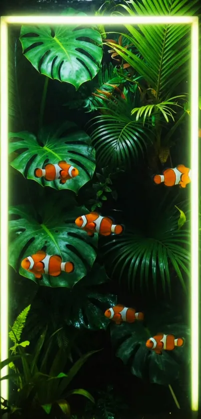 Neon jungle wallpaper with clownfish and green plants.