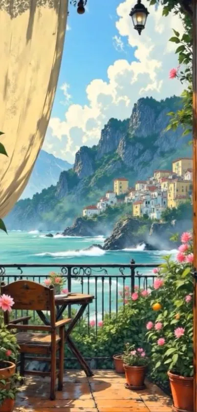 Scenic coastal view from a balcony with lush flowers and ocean waves.