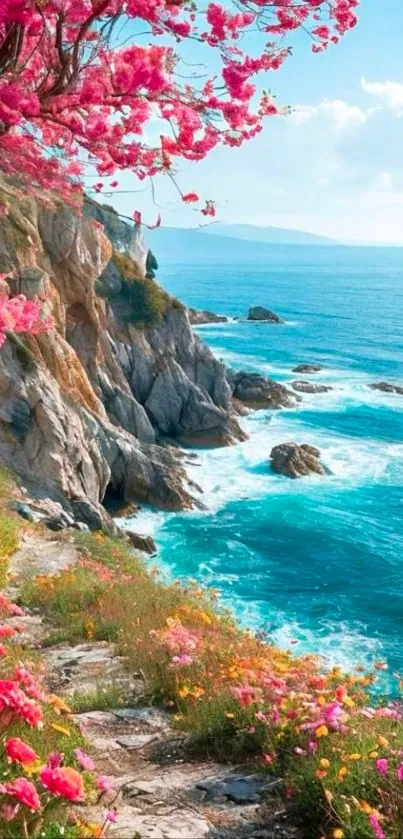 Coastal landscape with pink blossoms and blue sea.